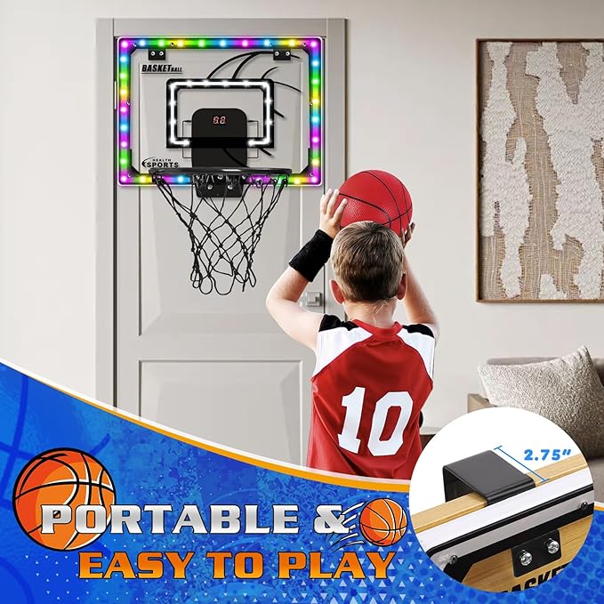 Mini Basketball Hoop Indoor with Scorer and Batteries, Indoor Basketball Hoop Over The Door with Colorful LED Lighting, Toy Basketball Set for Boys Girls Age 3 4 5 6 7 8