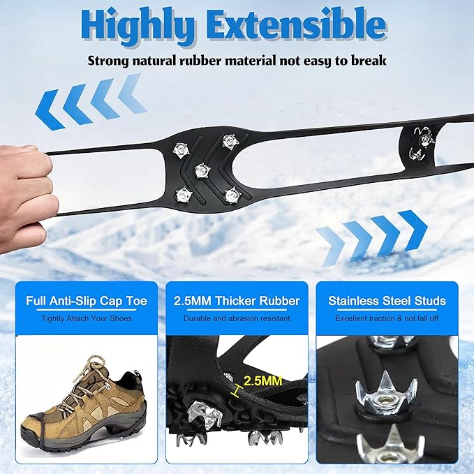 EROCK 2PCS Ice Cleats Snow Traction for Shoes and Boots, Ice Grips Traction Rubber Crampons, 8 Studs Non-Slip Overshoe Spikes Crampons Slip-on Stretch Footwear Winter Hiking Climbing Ice Fishing