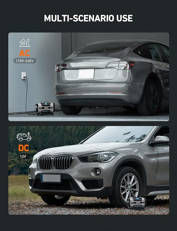 AstroAI Tire Inflator Portable Air Compressor Pump 150PSI 12V DC/110V AC with Dual Metal Motors &LED Light, Automotive Car Accessories&Two mode for car, bicycle tires and air mattresses, Gray