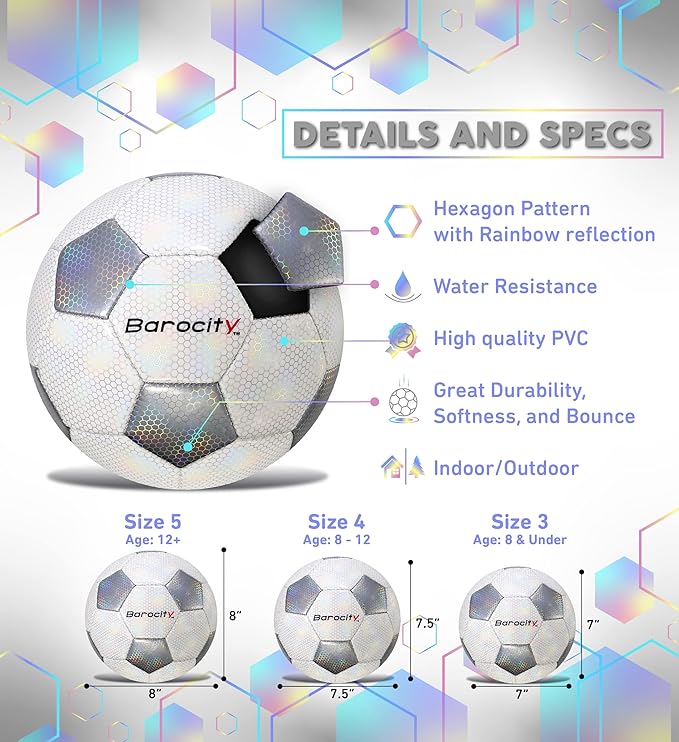 Soccer Ball - Premium Boy and Girl Official Match Ball with Cool Reflective Iridescent Rainbow Hex Pattern, Durable, Indoor, Outdoor, Training, Practice, Playtime and Games