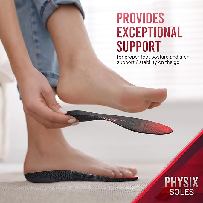 Physix Gear Orthotic Insoles for Men & Women - Arch Support Orthotics Insole, Orthopedic Insoles, Inserts for Men & Women, Foot Insoles for Plantar Fasciitis Comfort, Shoe Insert, Feet, Red/Black, S