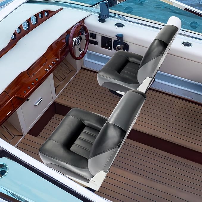 PEXMOR Boat Seats Low/High Back, Folding Boat Seat Included, Fold-Down Fishing Boat Seats Waterproof Captain Boat Seat w/Aluminum Hinges & Thick Soft Cushion, 2 Packs (Low Back-Grey & Black)