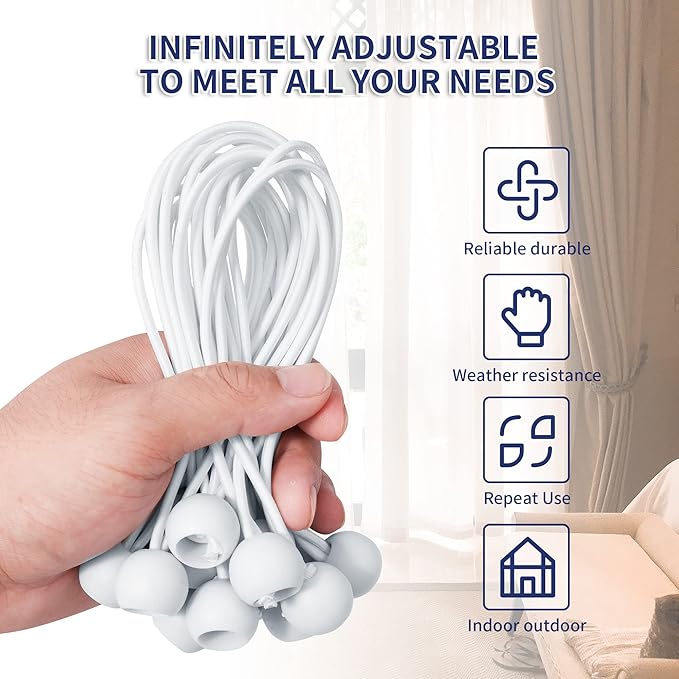 6 Inch Ball Bungee Cords, Heavy Duty UV Resistant Elastic Strap, Reusable Tie Down Cord with Balls, Indoor Outdoor Cords for Golf Net, Soccer Goals, Camping, Tent Poles, Hose (White, 20 Pack)