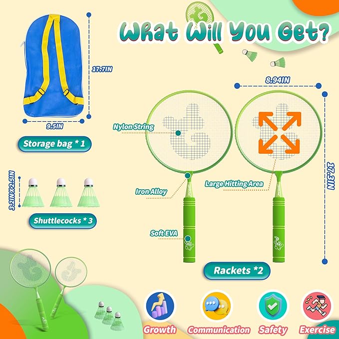 JOY SPOT! Kids Badminton Rackets Set with Soft Grip, Oversize & Lightweight Shuttlecocks Racquet with Carry Bag for Children Youth, 2 Player Sport Game for Indoor Outdoor Backyard
