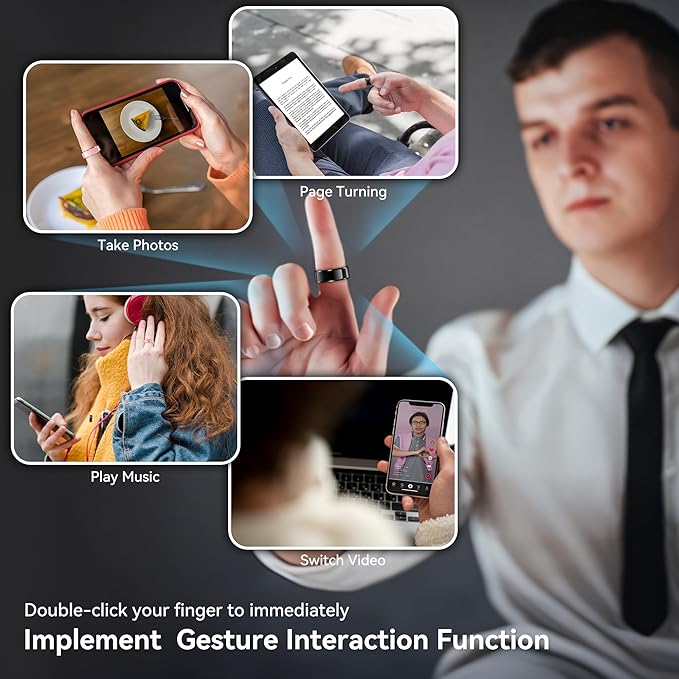 Health Smart Ring for Men Women, Fitness Tracker with Heart Rate/Blood Pressure/Blood Oxygen Monitor,Sleep Tracker,Pedometer, IP68 Waterproof Ring for iPhone&Android, No Subscription (Black, Size9）