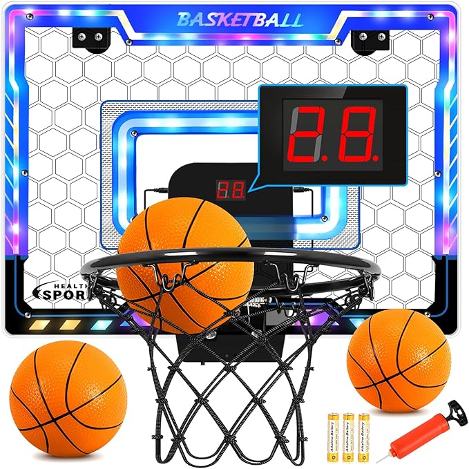 AOKESI Basketball Hoop Indoor for Kids, Mini Basketball Hoop with 3 Balls,Led Light,Batteries & Electronic S Sport Basketball