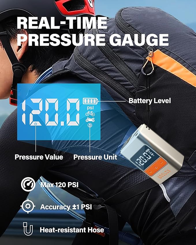 Mini Bike Tire Pump with Gauge 120PSI-Portable Air Compressor&Electric Tire Inflator for Bicycle/Motorcycle/Ball,Rechargeable Type-C,Auto Stop,Fits Pocket/Glove Box(Presta/Schrader Valves)