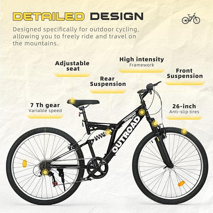 26 Inch Mountain Bike, 7-Speed High-Carbon Steel/Aviation Grade Frame with Dual Suspension, Adjustable Ergonomic Seat for Adults