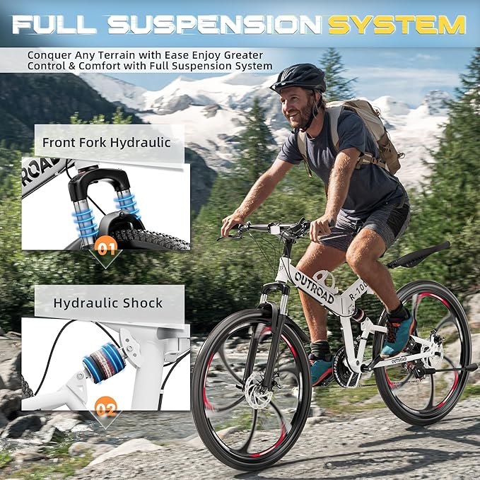 26 Inch Folding Mountain Bike with High Carbon Steel, 21 Speed City Bike with Dual Suspension, Folding Bicycle for Adults Men and Women