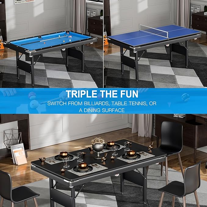 3 in 1 Billiard Table, 5.5 FT Folding Pool Table with Ping Pong Table and Dining Top, Multi Game Table Includes Billiard Accessories and Tennis Paddles for Family Game Room, Basements