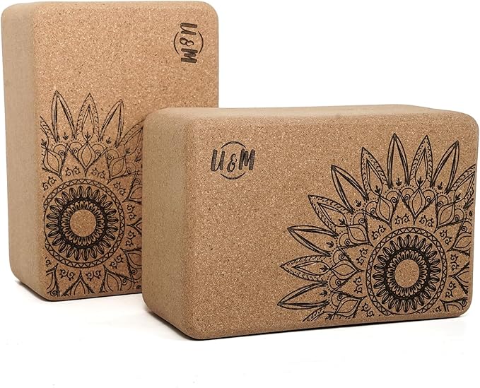 U&M Cork Yoga Blocks 2 Pack Set,Natural Cork High Density 9"x6"x4" Yoga Blocks Odor-Resistant Non-Slip for Yoga, General Fitness, Pilates, Stretching and Toning