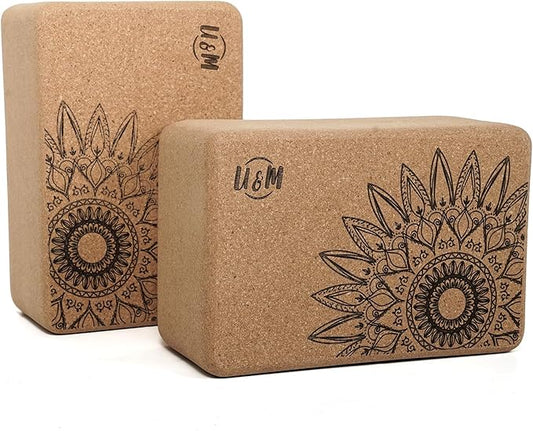 U&M Cork Yoga Blocks 2 Pack Set,Natural Cork High Density 9"x6"x4" Yoga Blocks Odor-Resistant Non-Slip for Yoga, General Fitness, Pilates, Stretching and Toning