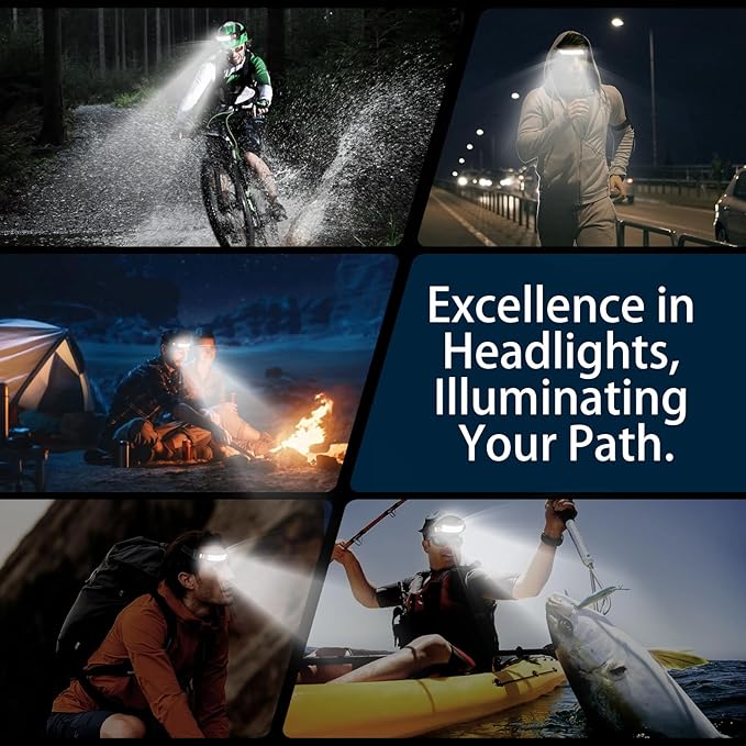 1200mAh Rechargeable Battery Headlamp Flash Light, Lumens Led Headlamp 230 Wide Beam Adjustable Headband, Night Fishing Headlight for Buddy Adult Forehead Camping Running Outdoor Wave Sensor Modes