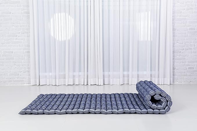 Leewadee - Foldable Floor Mattress - Japanese Roll Up Futon -Trifold Tatami Mat- Guest Floor Bed - Camping Mattress - Thai Massage Mat, Kapok Filled, 75 x 28 inches, Blue White