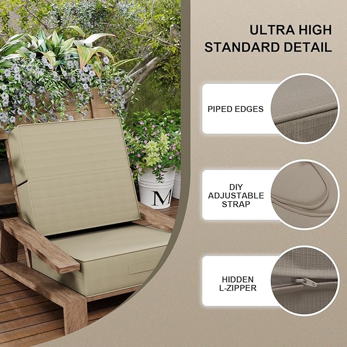 6 Inch Thick Foldable Deep Seat Cushion, 2 PCS 23 x 26 Inch Outdoor Water & Fade Resistant Olefin Patio Furniture Replacement Chair Cushion, with Removable Cover, Handle and Straps, Beige