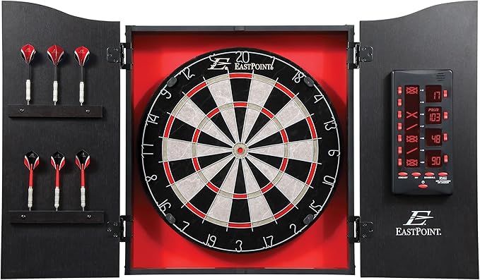 EastPoint Sports Tournament Bristle Dartboard and Easy Hang Cabinet with Electronic Scoreboard and 6 Steel Tip Darts