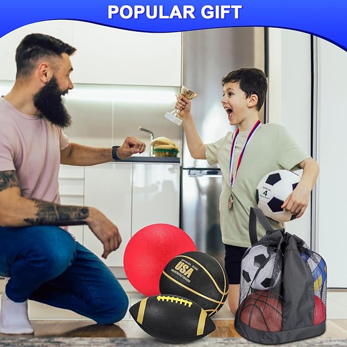 Deekin 4 Pcs Sport Balls Set for Kids Teens, Include Official Size 5 Basketball 4 Soccer 6 Football Playground Ball and Pump Sports Equipment Bag Recess Equipment Sport for Students(Classic Color)