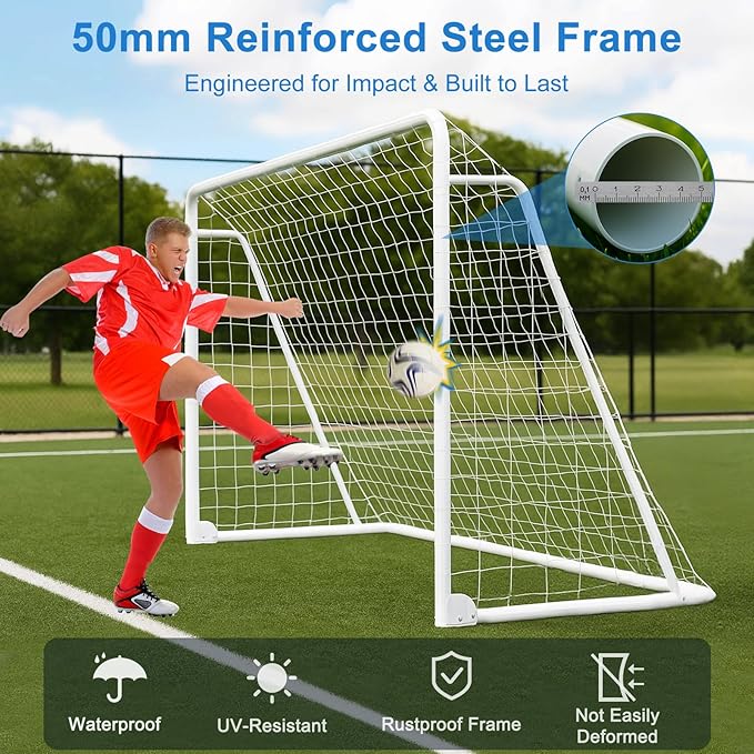 MOPHOTO 6x4/8x6/10x6.5/12x6/16x7ft Soccer Goals for Backyard, Foldable Steel Soccer Goal with 6 Cones, Weatherproof Soccer Goal for Teens/Adults Practice Training