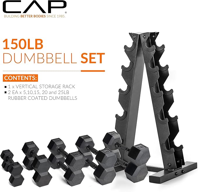 CAP Barbell Rubber Coated Dumbbell Weight Set with Vertical Rack | 100 lb, 150 lb, and 210 lb Options