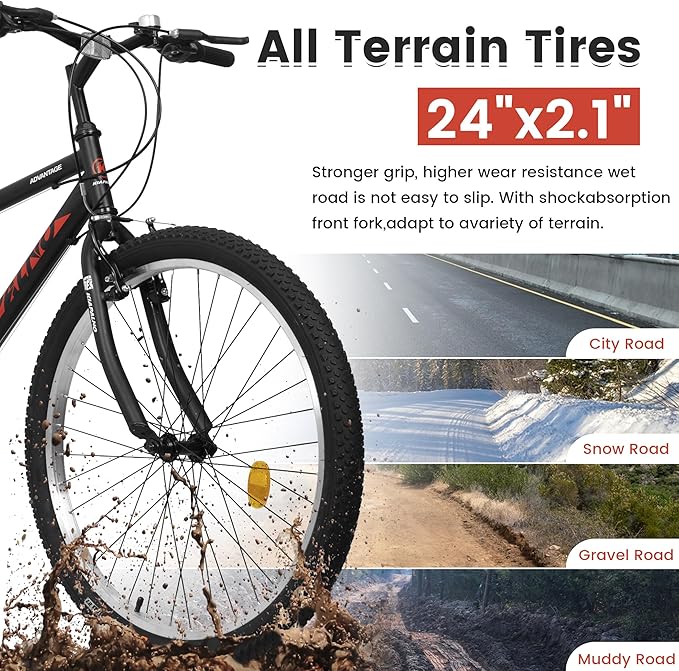 Mountain Bike 24 26 Inch, 21 Speeds Aluminum Frame/High-Carbon Steel Frame, Front Suspension Boys Girls Sport Bike, Adult Teens Bicycle for City Commuters, Summer Ride and Short Trip Camping
