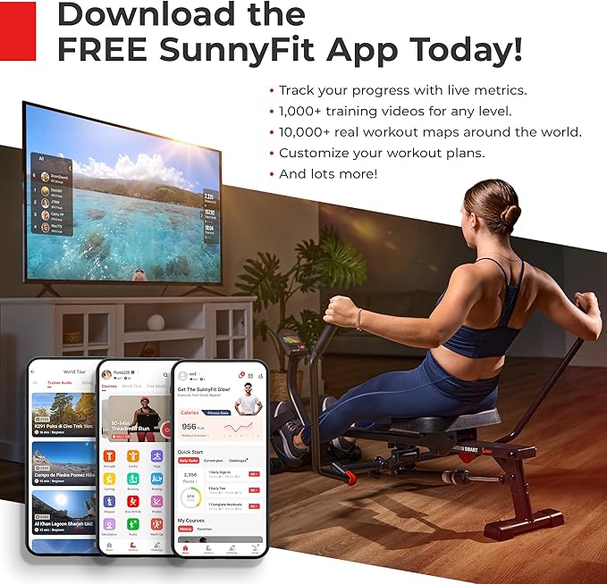 Sunny Health & Fitness Premium Water Rower w/Intensive Dynamic Real-Time Resistance, 300 LB Capacity Flip-able Rowing Machine for Home Training, Optional Free SunnyFit App Connection