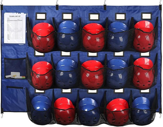 Baseball Dugout Organizer, Hanging Helmet Bag for 15 Players Baseball Softball Team, Helmet Organizer for Dugout Fence Garage, Organize Baseball Equipment, Helmets, Gloves, Bats, Balls