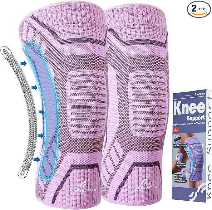 Copper Knee Brace for Men & Women - Knee Compression Sleeve with Side Stabilizers - Knee Support for Running, Hiking, Working, Basketball, Volleyball, Gym, Meniscus Tear, ACL, Arthritis Knee Pain Relief, A Pair (Pink-Purple, Large(18"-20"))