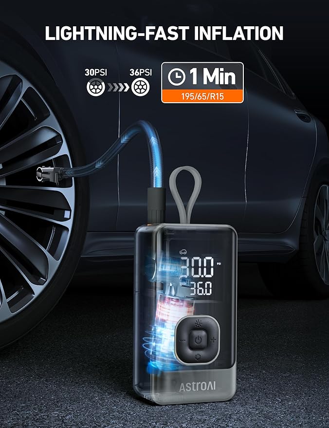 AstroAI L7 Air Tire Inflator Portable Air Compressor, 150PSI Electric Cordless Pump with Fast 1-min Inflation, Auto Shutoff, LED Light – Rechargeable for Car, SUV, Motorcycle, Bike Tires (Grey)