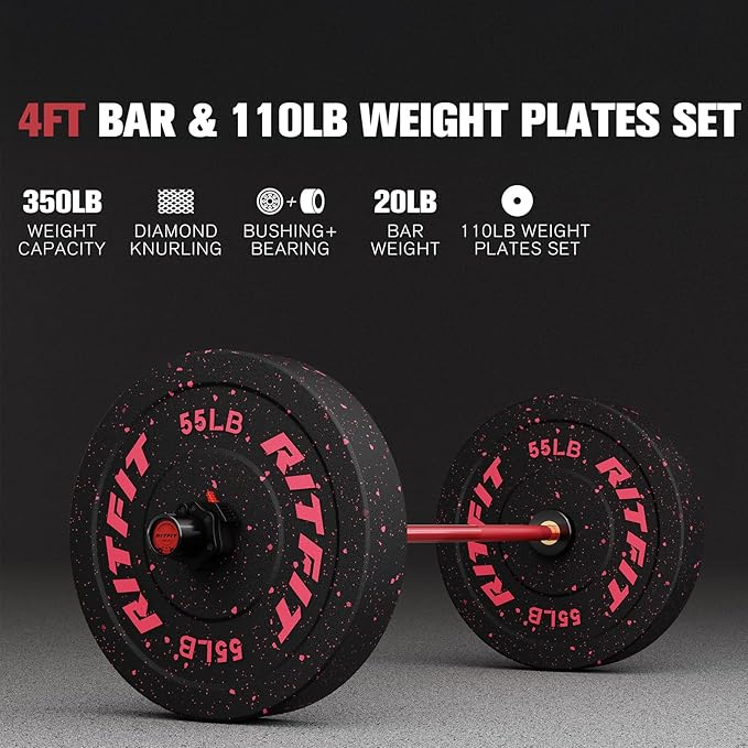 RitFit Barbell Weight Set - 4/6FT Olympic Barbell with Weight Plates (55-275LB Total) - Weightlifting Equipment for Squats, Curls, Deadlifts, Presses, Hip Thrusts