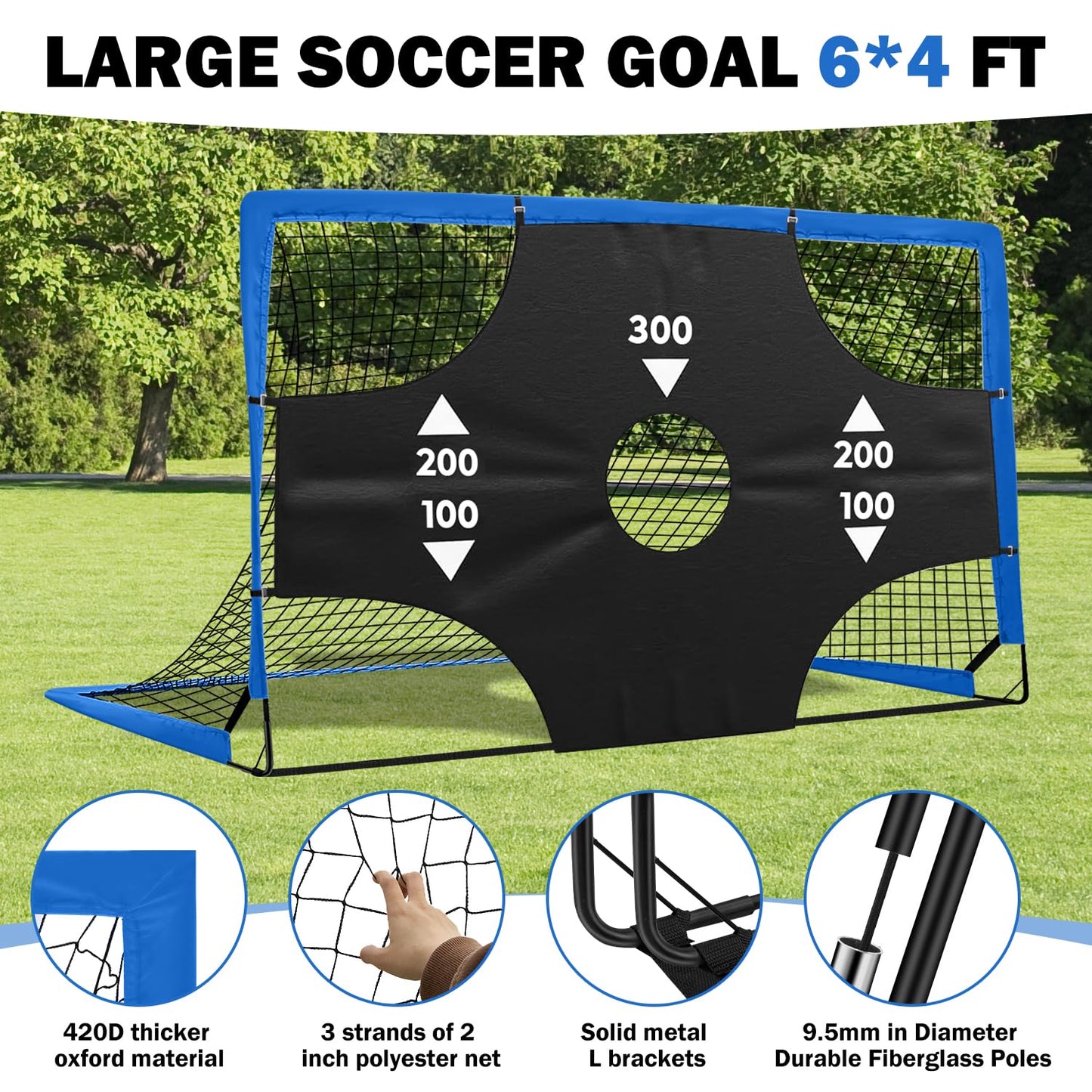 Fololicx Blue Soccer Goals for Backyard, 2 of 6x4ft Kids Soccer Net Training Equipment, Portable Pop Up Toddler Soccer Goal with Soccer Ball, Scoring Target Cloth, and Cones - Fun Youth Outdoor Games