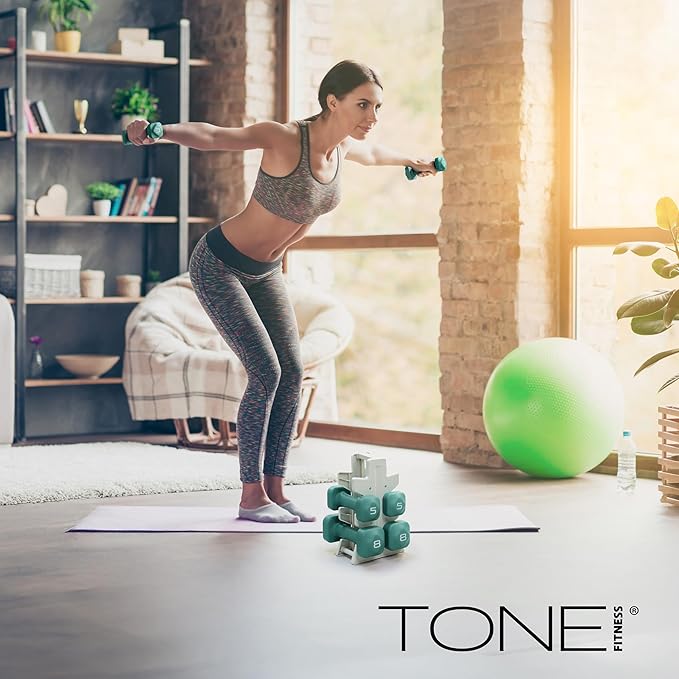Tone Fitness Neoprene Dumbbell Set with Storage Rack – Non-Slip, Anti-Roll Hand Weights for Home Gym Workouts | 20 lb, 32 lb, & 50 lb Options