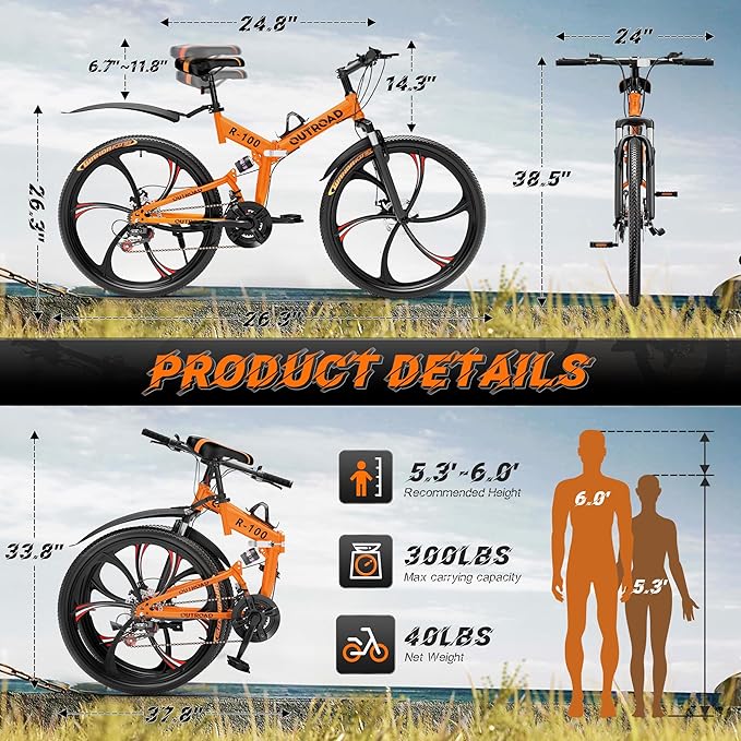 Betterland 26 Inch Folding Mountain Bike, 21 Speeds Full Suspension Foldable Bikes, Dual Disc Brake, High Carbon Steel Frame and Non-Slip Quick Release tire Bicycle for Adult
