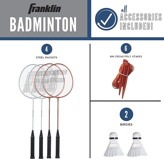 Franklin Sports Badminton Net Sets - Outdoor Backyard + Beach Badminton Net + Equipment Set - (4) Rackets + (2) Birdies + Portable Net Included - Adults + Kids Set