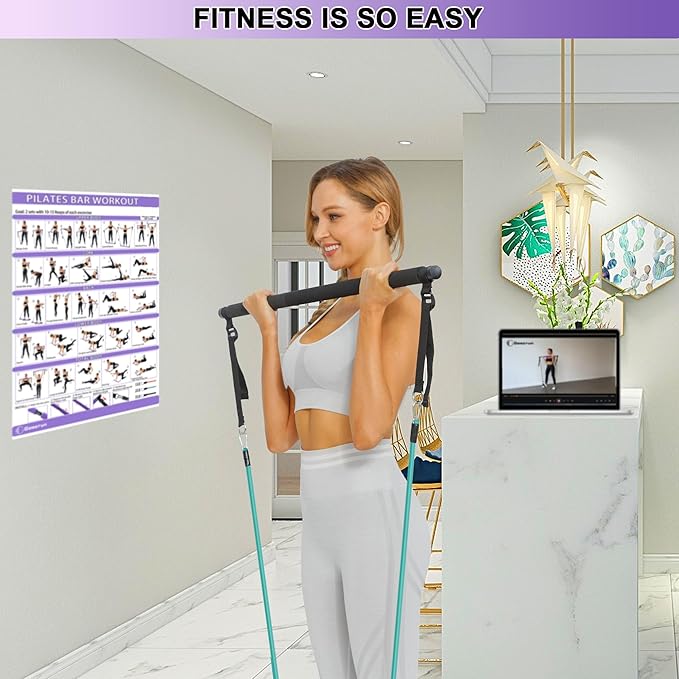 Portable Pilates Bar Kit with Resistance Bands for Men and Women - 3 Set Exercise Resistance Bands - Multifunctional Home Gym - Supports Full-Body Workouts – with Fitness Poster and Video