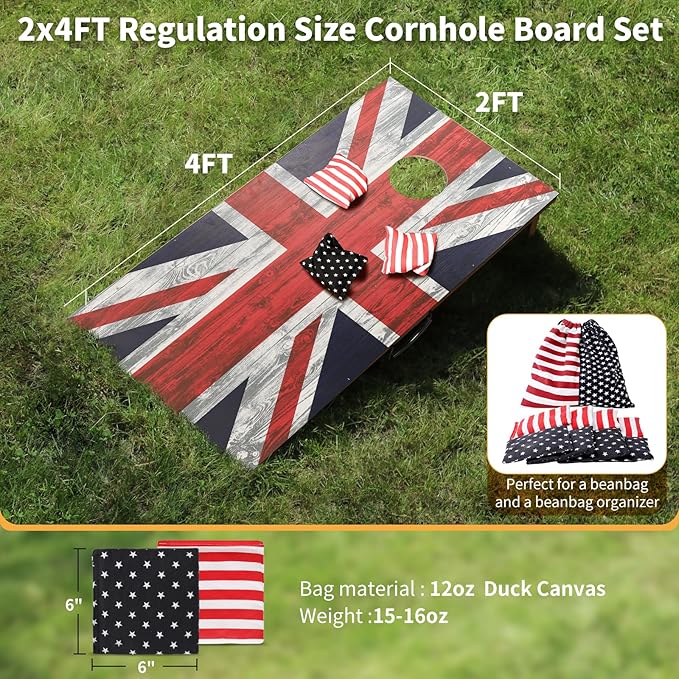Cornhole Set, Corn Holes Outdoor Game, Regulation 2X4 Cornhole Boards, Portable Cornhole Set, Classic American Flag Cornhole Set Includes 2 Boards, 8 Cornhole Beans Bags & Carry Case