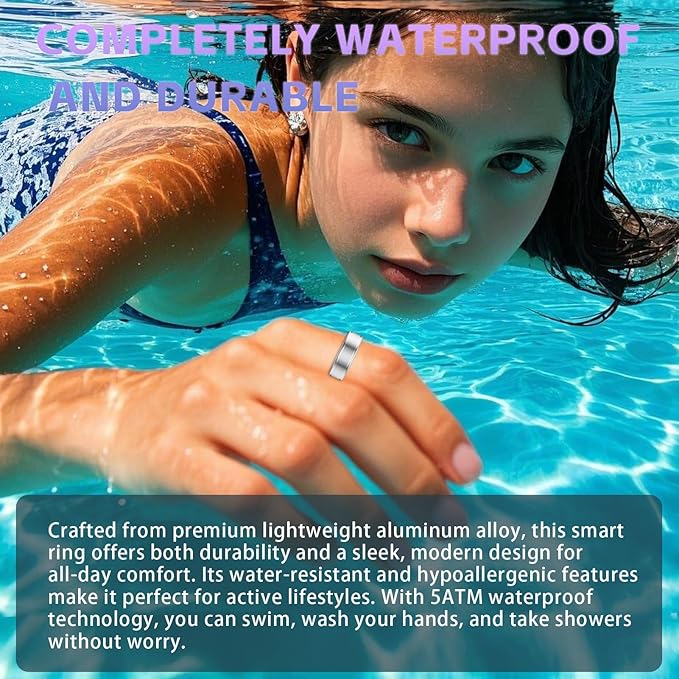 Fitness Tracker Ring for Women – Smart Ring with Heart Rate, SpO2, Blood Pressure, Sleep Monitoring, Step & Calorie Counter, 5ATM Waterproof, No Subscription Fee (Silver, 8)