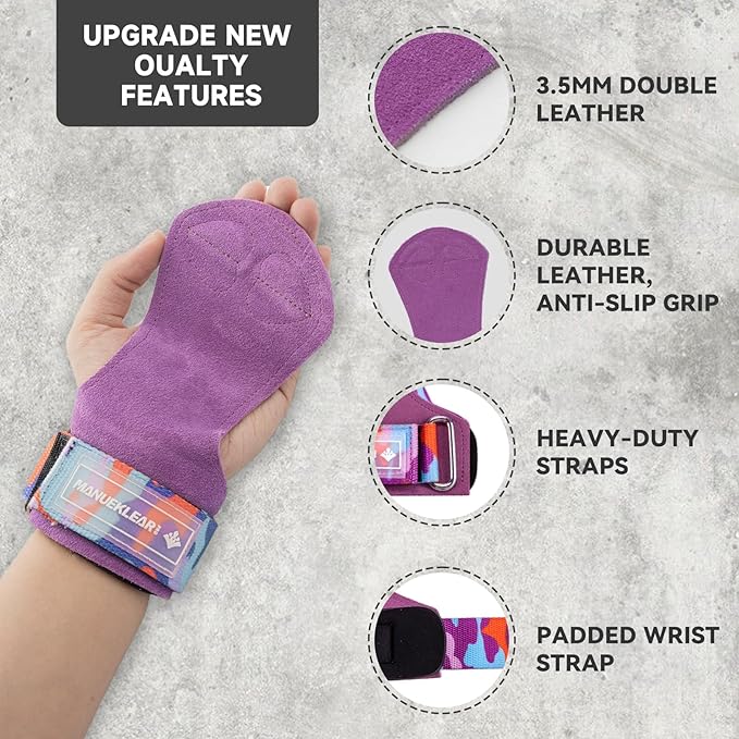 MANUEKLEAR Gym Straps Weight Lifting, Double Leather Lifting Straps for Men Deadlift with Cushion Wrist Loop, Gym Lifting Wrist Wraps for Weightlifting