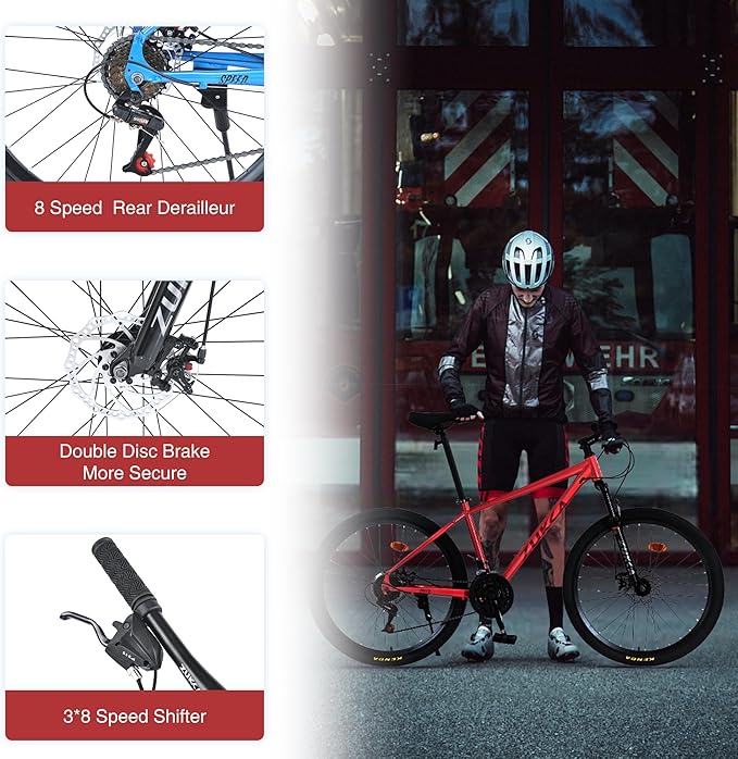 Mountain Bike 26 inch 24 Speed Dual Disc Brake MTB Front Suspension Fork Mountain Bicycle for Adult Men Women Outdoor Cycling