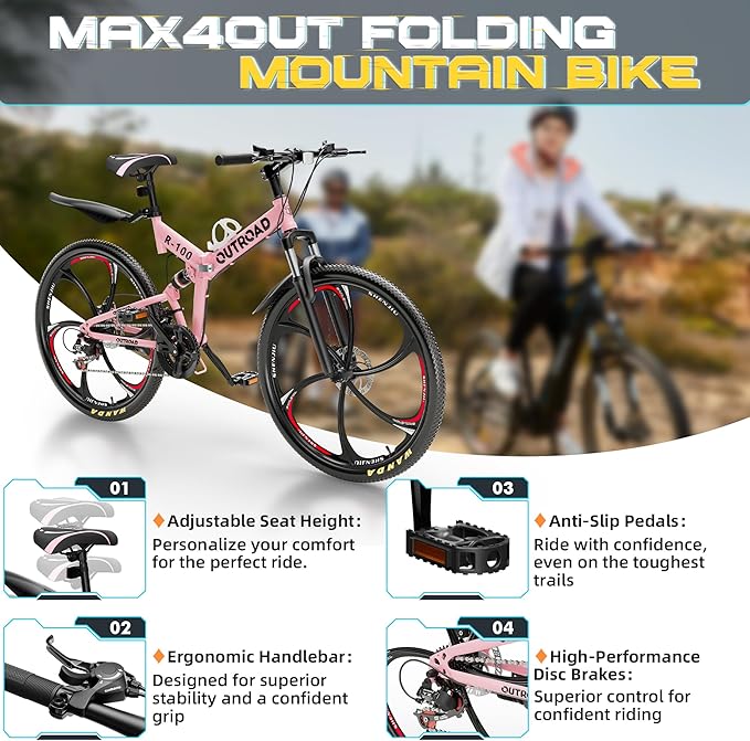 26 Inch Folding Mountain Bike with High Carbon Steel, 21 Speed City Bike with Dual Suspension, Folding Bicycle for Adults Men and Women