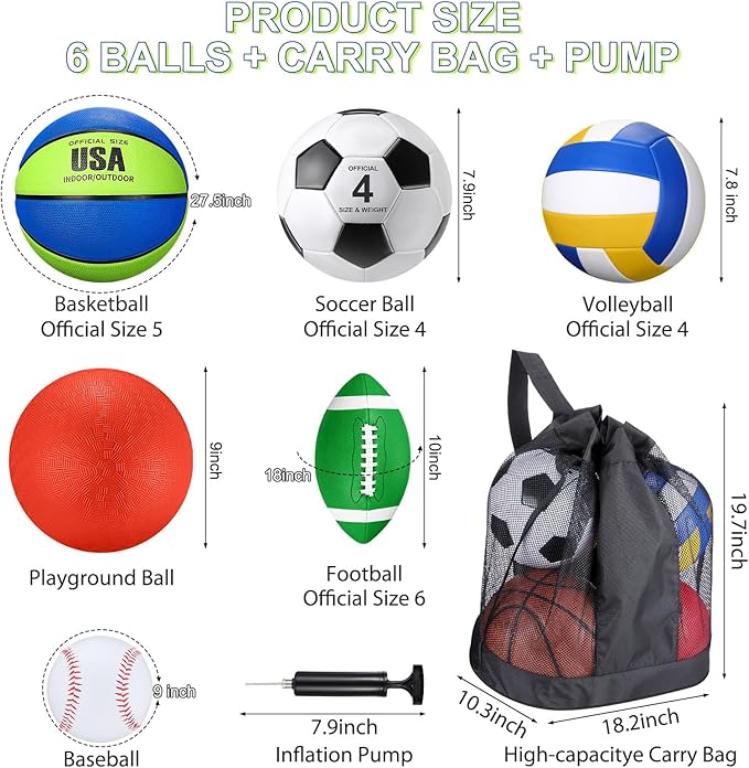 Realspring 6 Pcs Multi Sport Ball Set for Kid Teen Operation Christmas Official Size Football, Basketball, Soccer, Volleyball, Playground Ball, Baseball with Sports Equipment Bag Pump