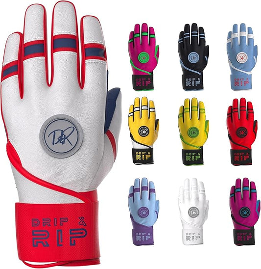 Drip & Rip Baller Series - Youth Batting Gloves + Adult Batting Gloves - for Softball and Baseball - Long Cuff Style for Men and Youth