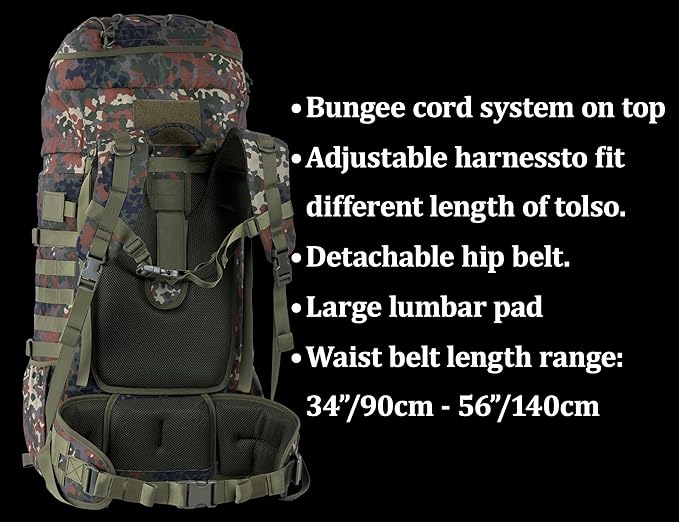 75L Tactical Backpack with Internal Frame, MOLLE, and Hydration System