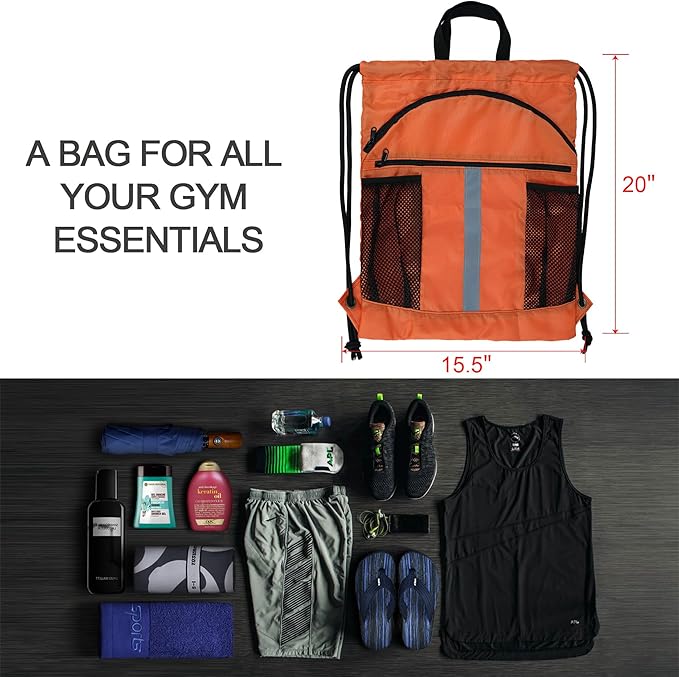 BeeGreen Drawstring Backpack Bag with Shoe Compartment, X-Large Black Gym Sports String Cinch Backpack