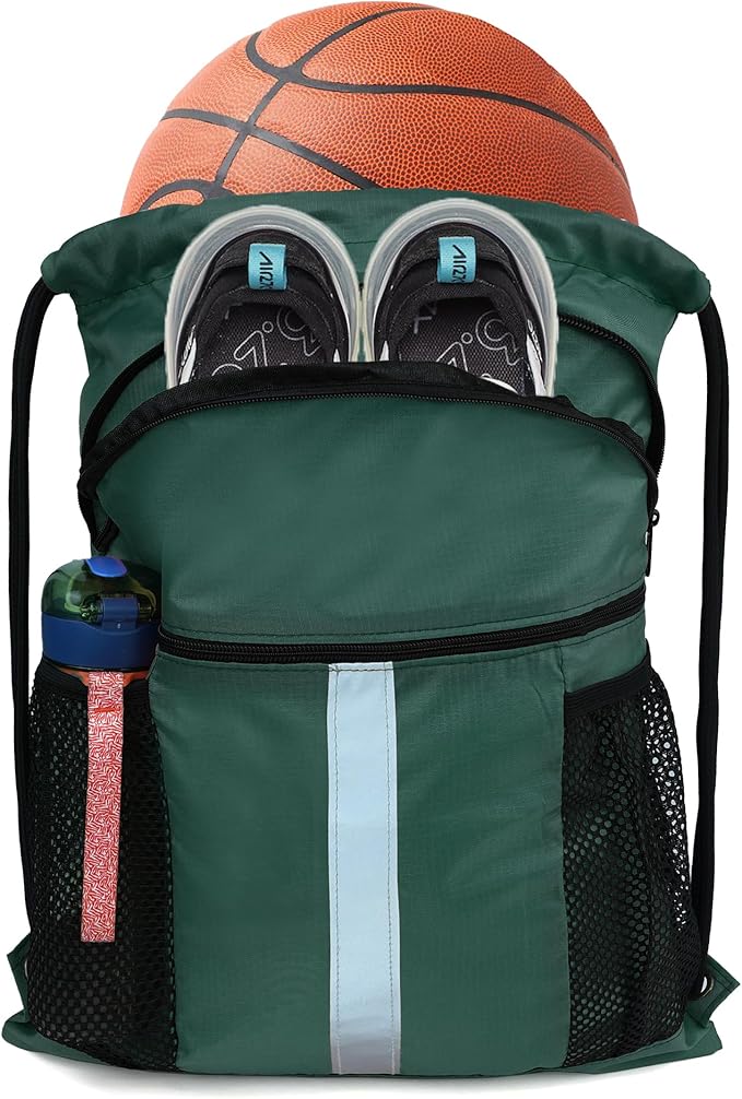 BeeGreen Drawstring Backpack Bag with Shoe Compartment, X-Large Black Gym Sports String Cinch Backpack