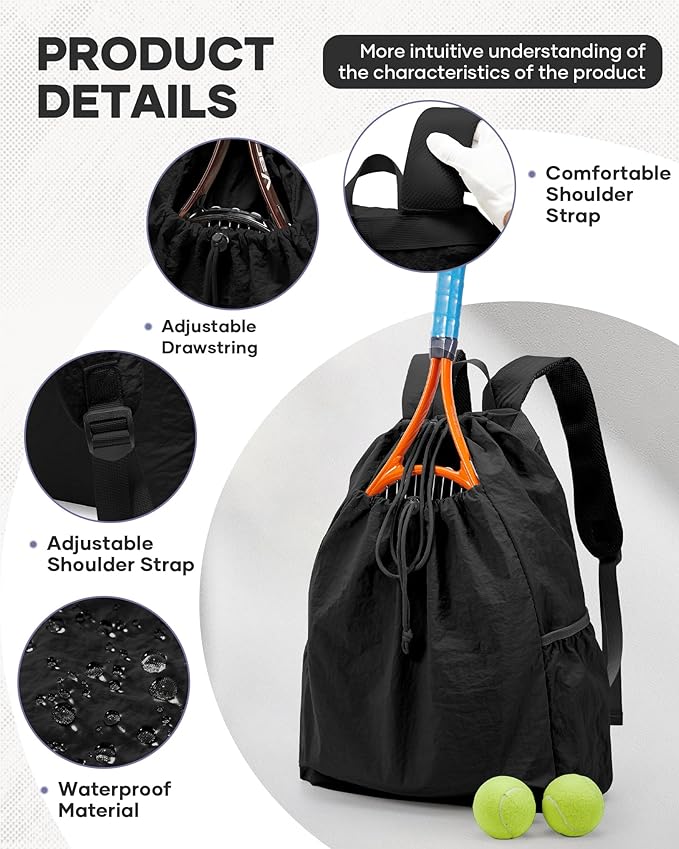 Tennis Racket Bag for Women, Waterproof Tennis Badminton Backpack 2 Racquets, Drawstring Racket Case for Ball Paddles