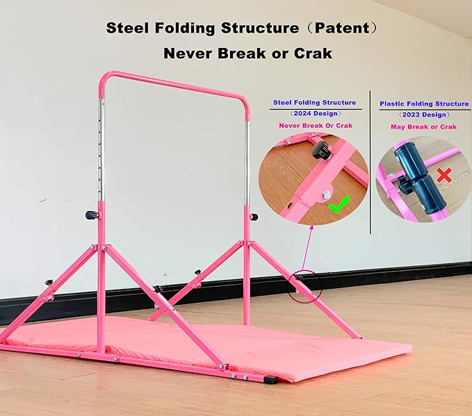 MARFULA Foldable Gymnastic Bar for Kids Ages 3-12, 9 Height Levels, 200 lbs Weight Capacity, 5 Ft Length Gymnastic Kip Bar with Mat, Gymnastic Equipment for Home and Gym Center Indoor Outdoor Use