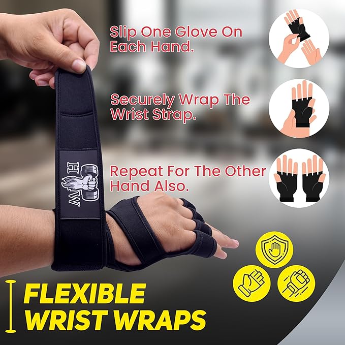 HW Weight Lifting Gloves – Built-in Wrist Wraps for Unbeatable Support in Gym, Crossfit & Strength Workouts (Men & Women)