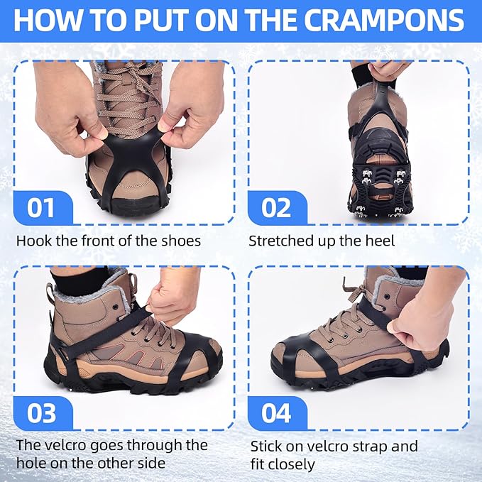Ice Cleats Crampons for Shoes and Boots, Stainless Steel Ice Grippers Spikes Grips Traction for Winter Ice Snow, Hiking Climbing Ice Fishing