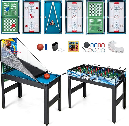 GYMAX Multi Game Table 48", 14 in 1 Combo Game Table w/Basketball, Billiards, Foosball, Ping Pong, Hockey, Shuffleboard, Bowling, Chess, Checkers, Backgammon, Tic Tac Toe for Game Room, Family Night