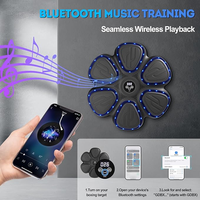 Music Boxing Machine, Bluetooth Punching Machine with Music, Wall-Mounted Punching Pad, LED Boxing Trainer with Gloves
